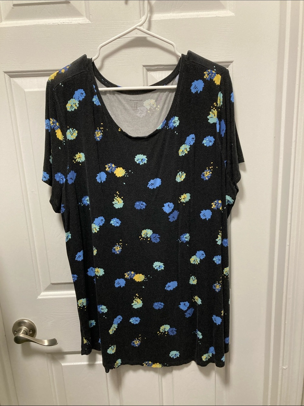 Women's Black Floral Scoop Neck Top - Blue & Yellow Accents